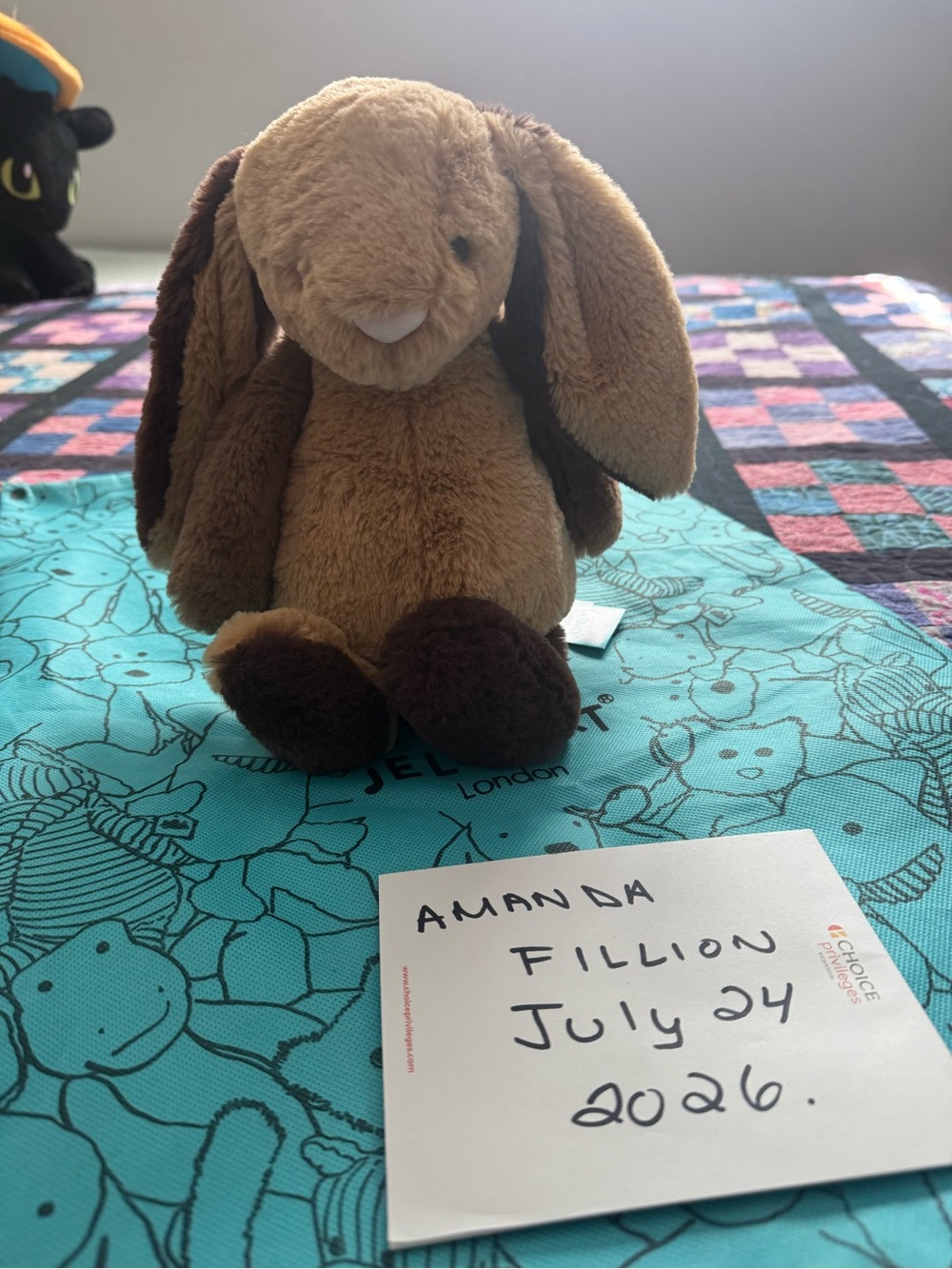 jellycat Plush Brown patchwork Bunny Stuffed Animal - Soft Cuddly Toy